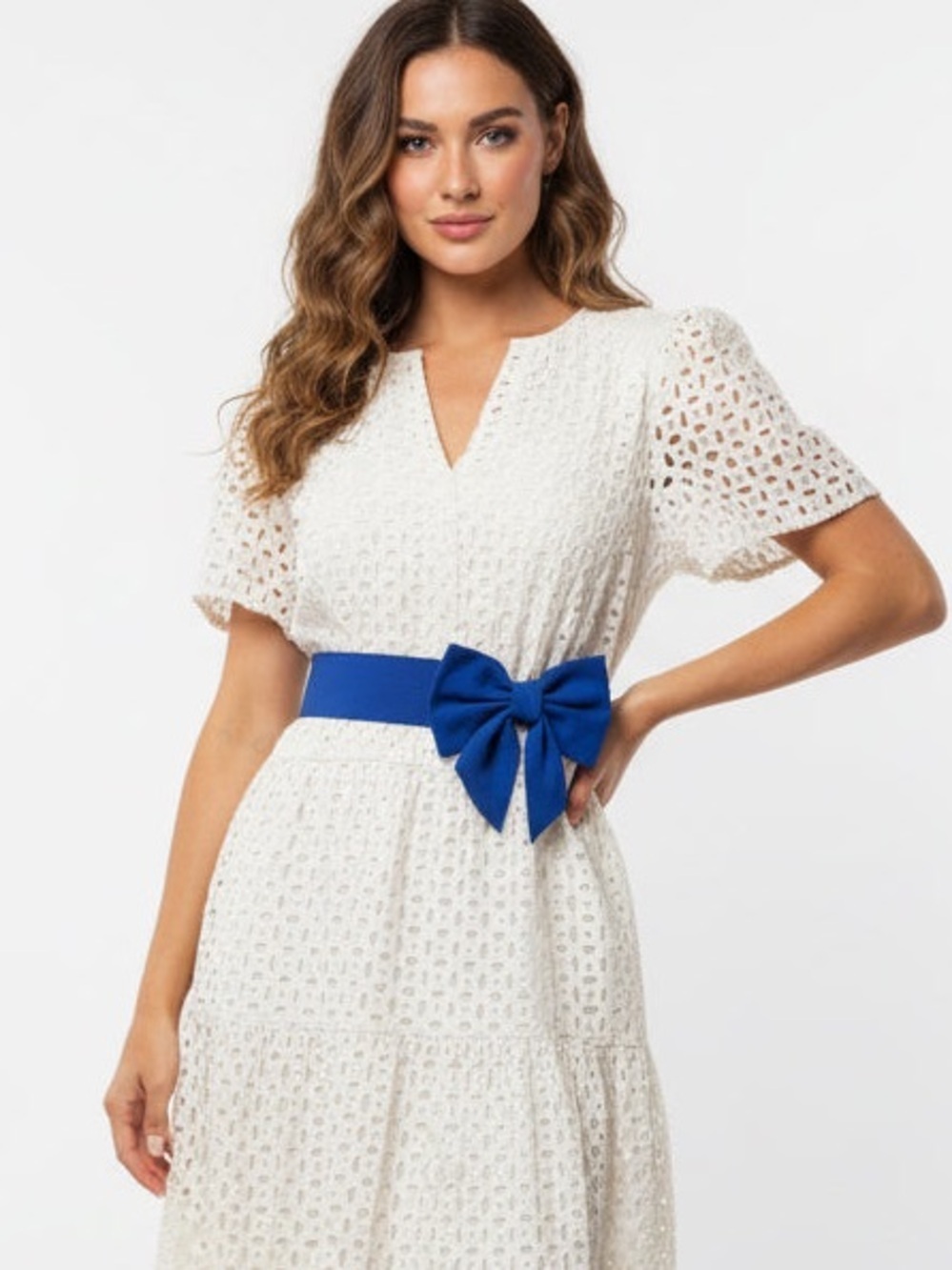 White Eyelet Maxi Dress with Royal Blue Bow Belt - Picture 3 of 14
